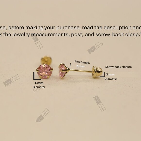14K Solid Yellow Gold Round Pink CZ Stud Earrings • 4mm Feminine Elegant Design. - Picture 7 of 8